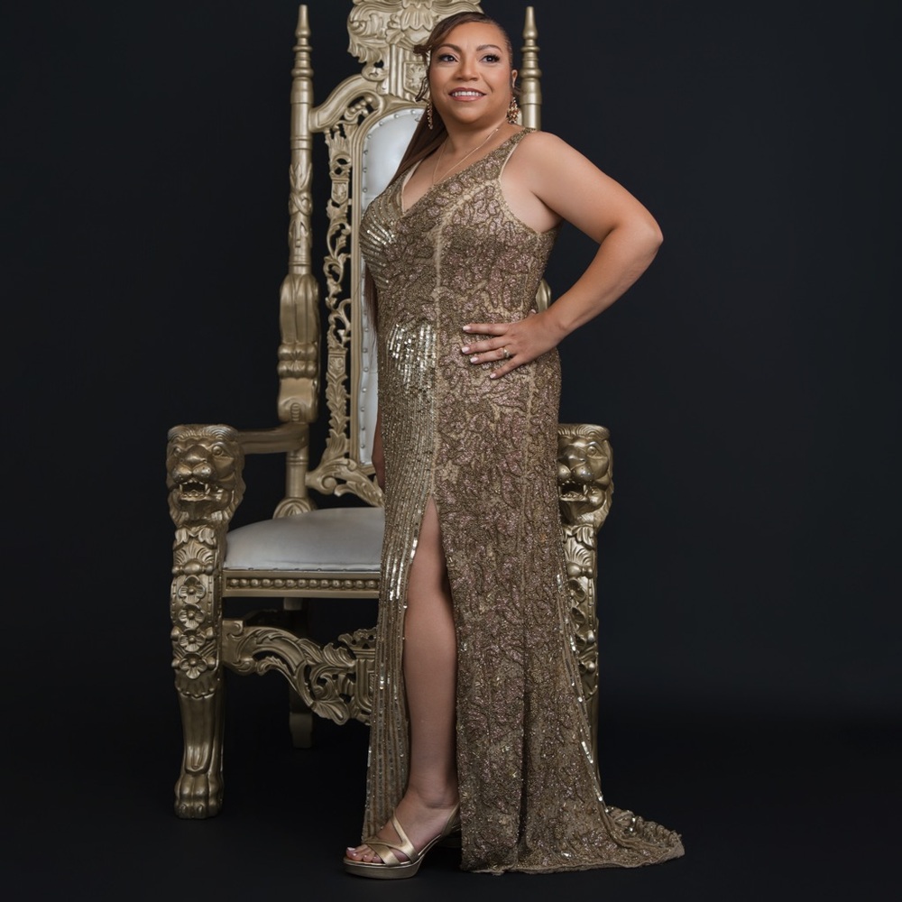 Glamorous Gold Lace Gown with smalls pink flowers